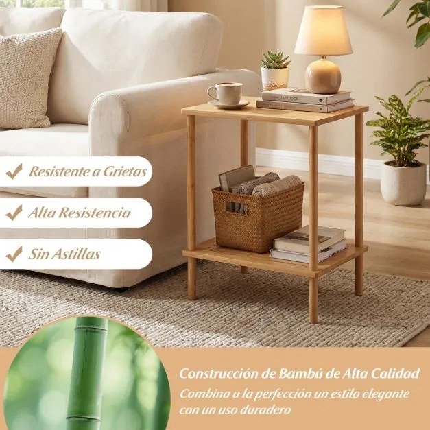 Conjunto de 2 mesas auxiliares de bambu com 2 níveis 40 x 30 x 55 cm e prateleiras de arrumação retangulares para chá e sofá de canto, sala de estar N