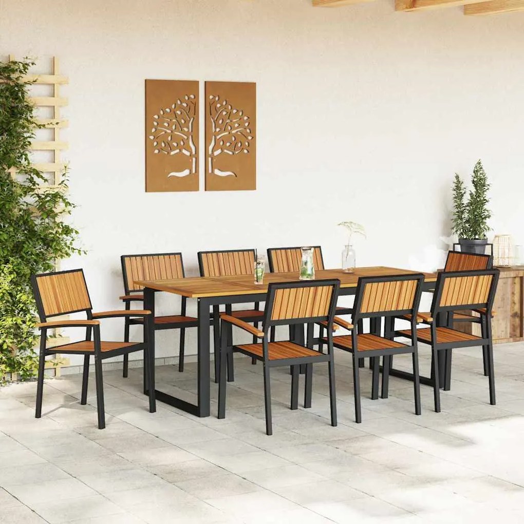 Cadeiras de Jardim Empilháveis 8 pcs Preto Aço e Madeira Acácia Sólida