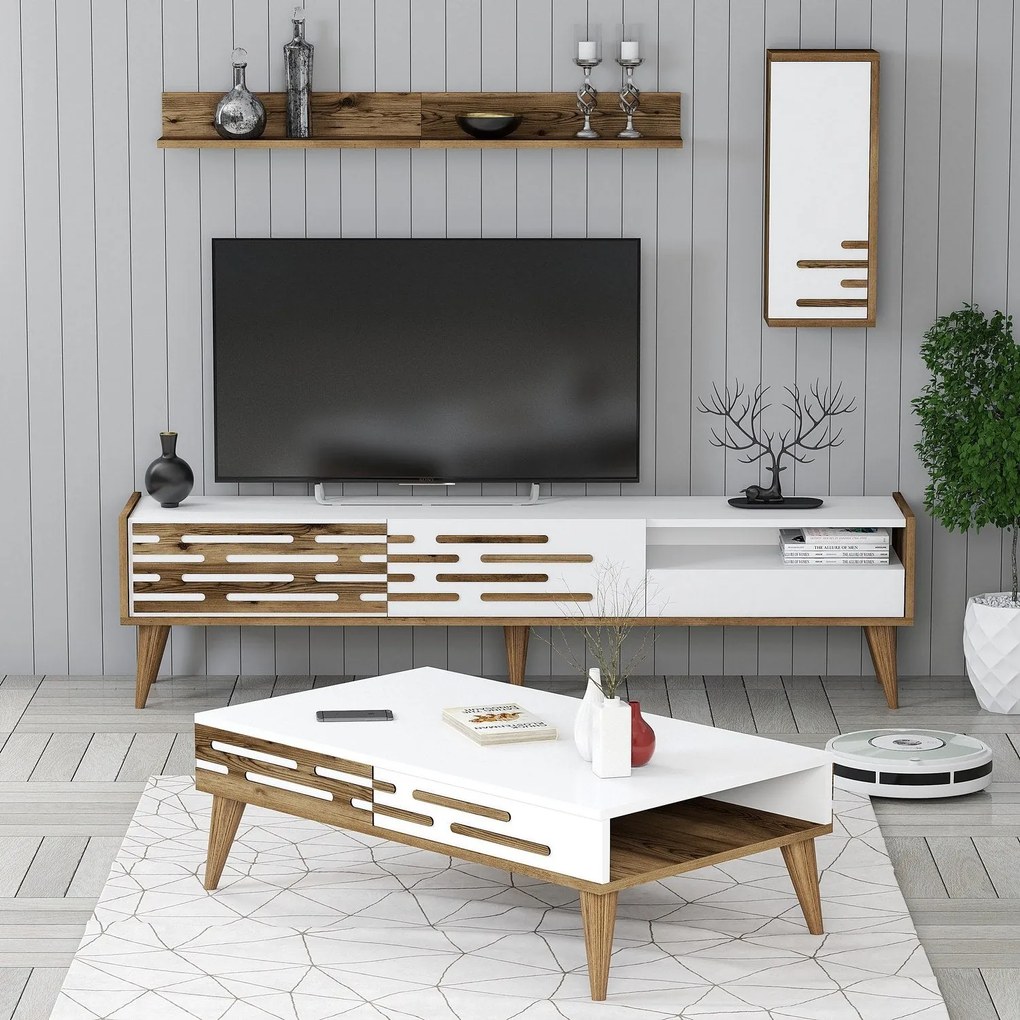 Conjunto de Mobiliário de Sala Valensiya – Nogueira/Branco – Várias Di