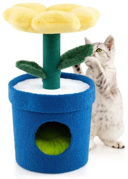 Arranhador Gatos 43 x 43 x 72,5 cm de 3 níveis com mirante superior e ama privado Poste para arranhar Centro de atividades para gatinhos Amarelo