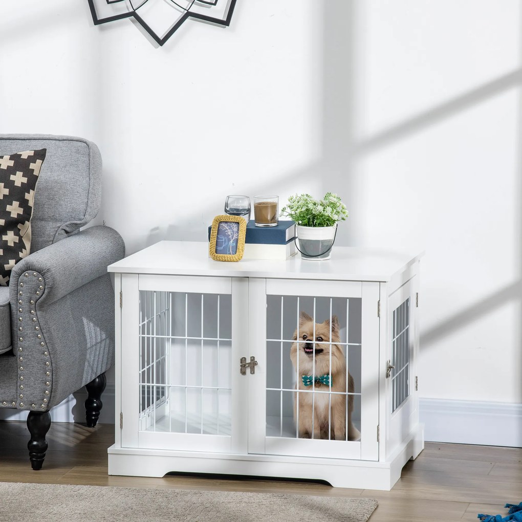 Gaiola para cães 2 em 1: mesa auxiliar e gaiola com 2 portas com fechadura 76 x 54,5 x 56 cm - Metal e MDF