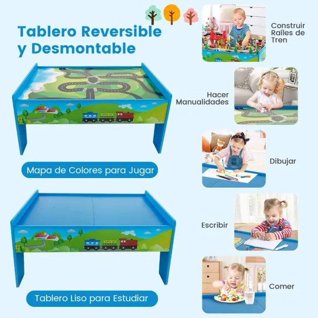 Mesa de jogos de comboio em madeira maciça, 80 peças, para crianças, trilhos comboio para meninos e meninas a partir de 3 anos, 82,5 x 60 x 40 cm, mul