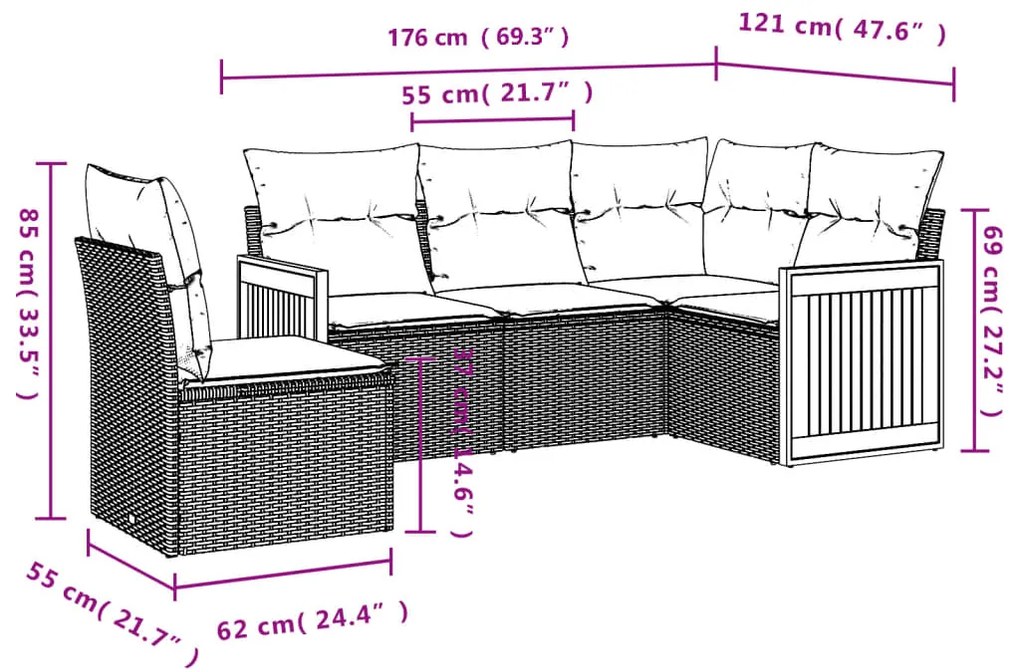 5 pcs conjunto de sofás p/ jardim com almofadões vime PE bege
