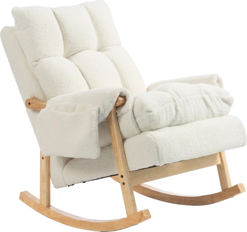 HOMCOM Poltrona de balanço com bolsos laterais, revestimento Snow-Flannel e pés em madeira de seringueira, creme | Aosom Portugal