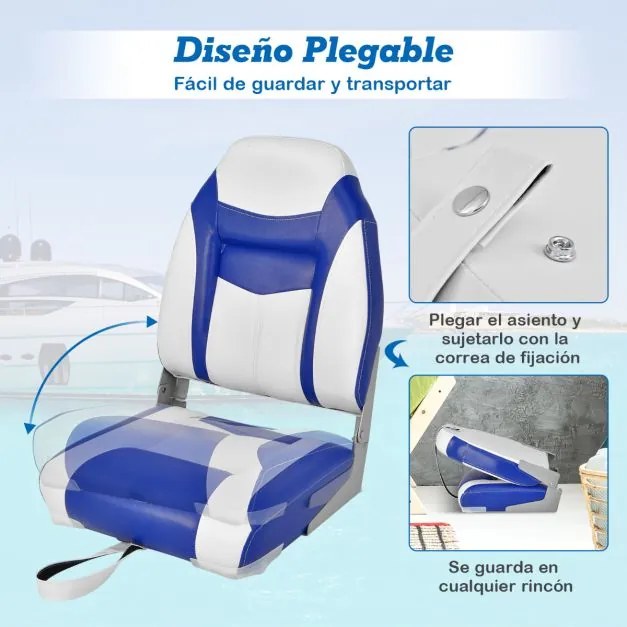 2 Assentos de barco dobráveis com encosto alto Almofada almofadada macia universal moldado macio 44,5 x 51 x 61 cm Azul