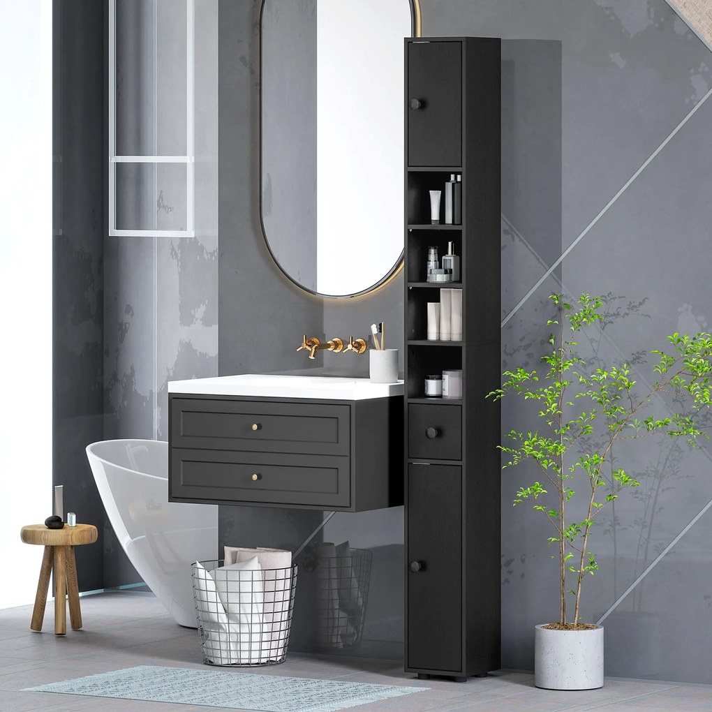 Coluna Casa de Banho Estreita  20x20x180 cm com 1 Gaveta 4 Prateleiras Abertas e Prateleiras Ajustáveis Preto