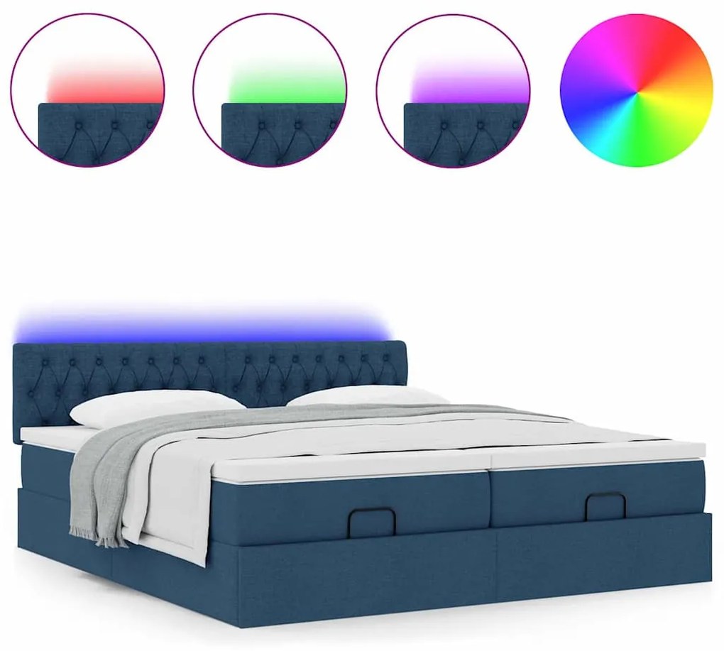 Estrutura de cama otomana com colchões 200x200cm tecido azul