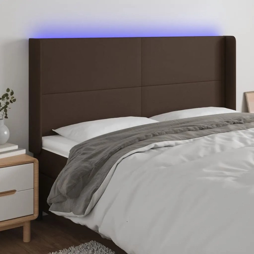 vidaXL Cabeceira cama c/ LED couro artif. 183x16x118/128 cm castanho