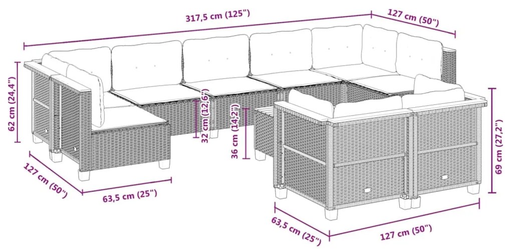 10 pcs conjunto sofás de jardim c/ almofadões vime PE cinzento