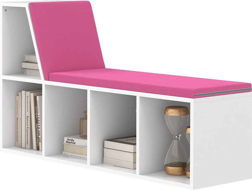 Banco-biblioteca 2 em 1 com 5 compartimentos de arrumação e 2 almofadas, 108 x 30 x 60 cm, branco e rosa