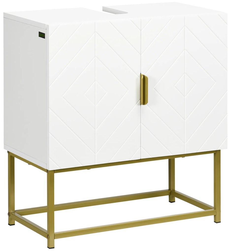 Móvel para Lavatório (NÃO INCLUIDO) Pousar Armário para Casa de Banho Moderno com 2 Portas e Pés de Aço 60x30x65 cm Branco e Dourado