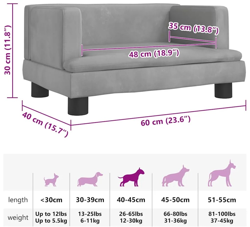 Cama para cães 60x40x30 cm veludo cinzento-claro