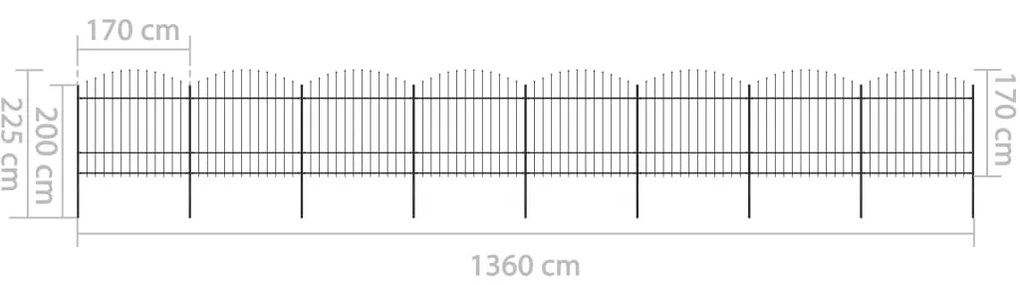 Cerca de jardim com topo em lanças (1,5-1,75)x13,6 m aço preto