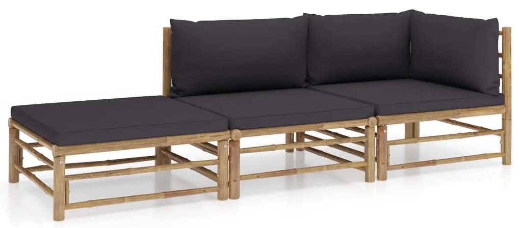 3 pcs conj. lounge jardim em bambu c/ almofadões cinza-escuro