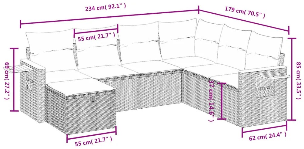 7 pcs conjunto de sofás p/ jardim c/ almofadões vime PE preto