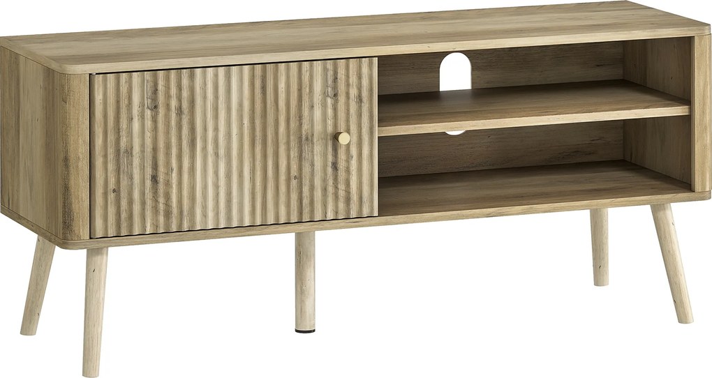 HOMCOM Móvel de TV para Televisão até 55 Polegadas com Porta Acanalada Prateleira Ajustável Compartimentos Abertos 115x35x49 cm Carvalho | Aosom Portugal