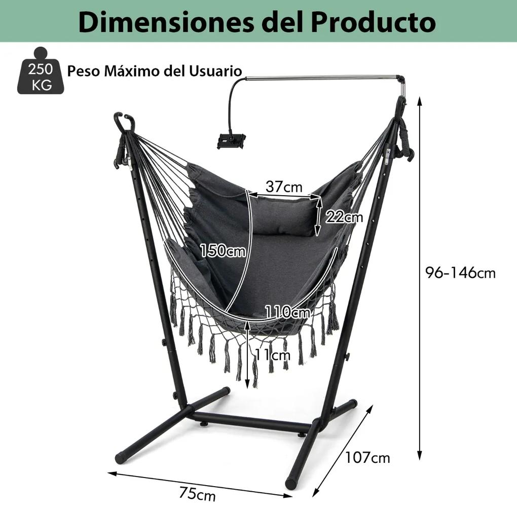 Cadeira de rede com suporte e suporte Alça suspensa com almofada ajustável em altura e bolsa lateral 152 x 107 x 96-146 cm Cinza