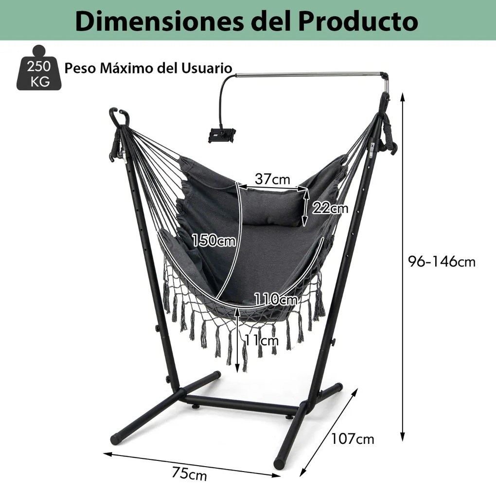 Rede descanso jardim com Suporte e Porta-Telemóvel Suspensa com Altura Ajustável Almofada e Bolso Lateral 152 x 107 x 96-146 cm Cinza