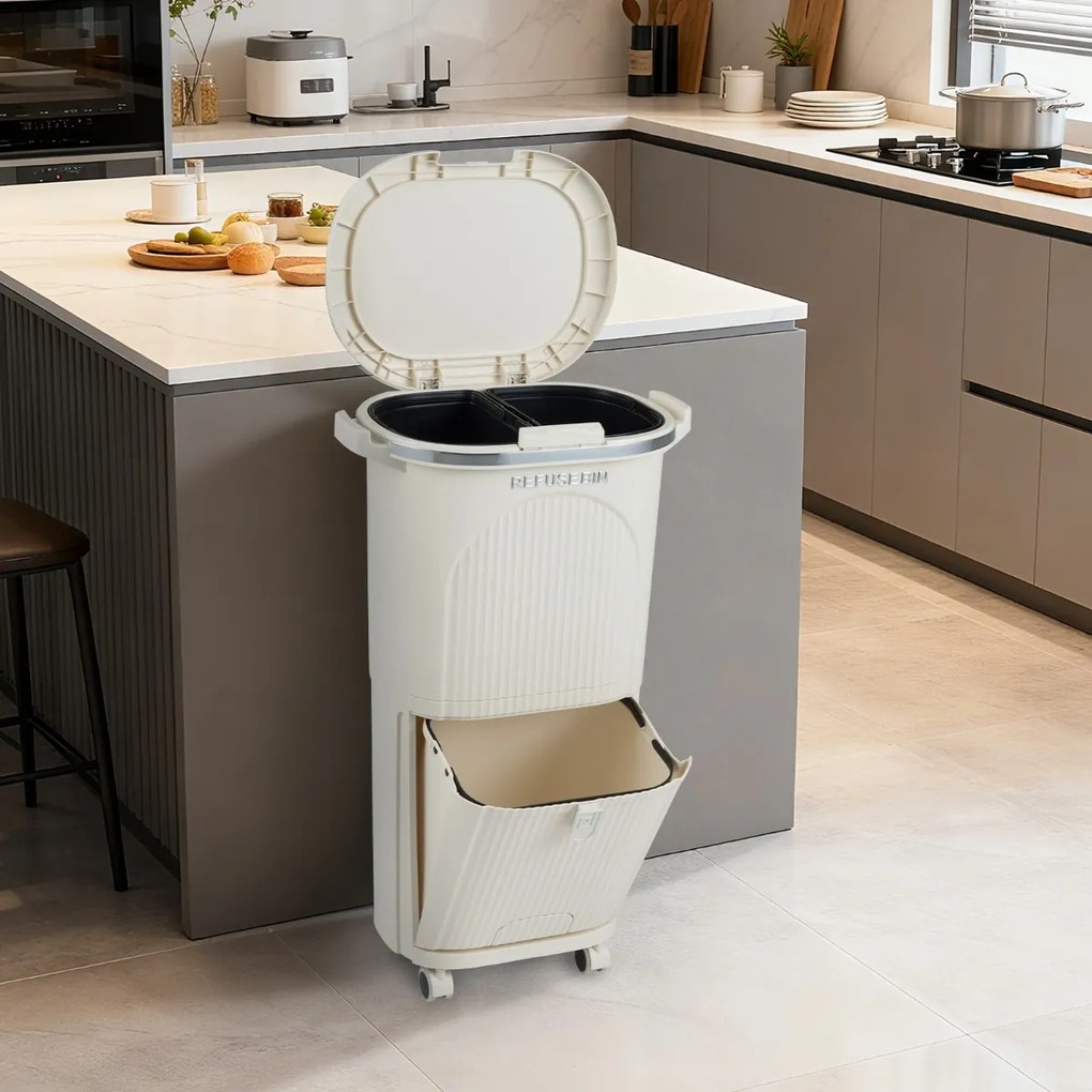 Caixote do lixo de 38 L com dupla camada, 2 caixotes removíveis, pedal e rodas para sala, cozinha e casa de banho, bege