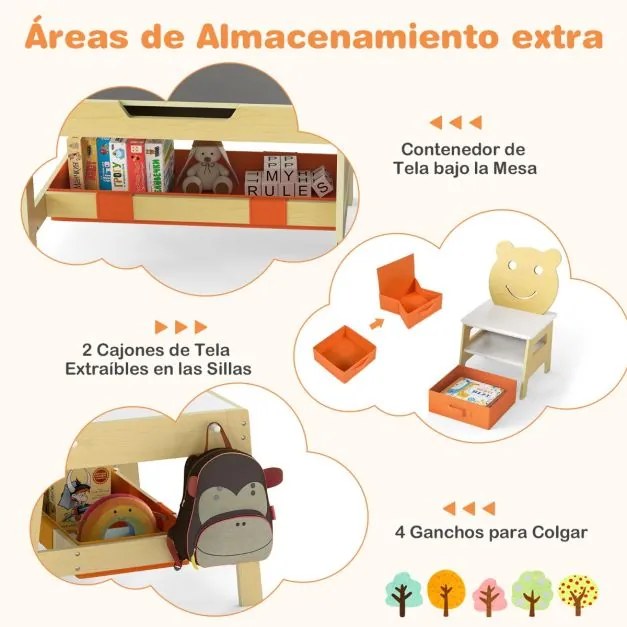 Conjunto de Mesa e 2 cadeiras infantil Secretária 5 em 1 com superfície reversível Quadro branco e preto 4 ganchos Compartimentos Natural