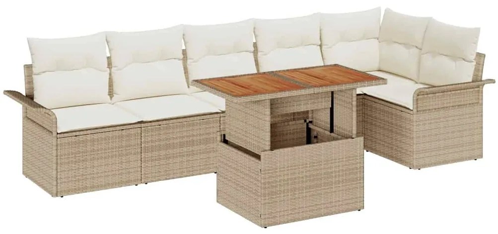 Conjunto de Jantar de Jardim de 7 Peças com Almofadas Bege em Rattan e