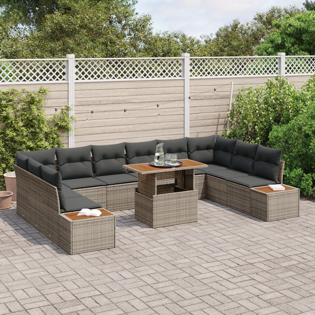 Conjunto de Sofá de Jardim vidaXL com Almofadas Cinzento Rattan Poliéster