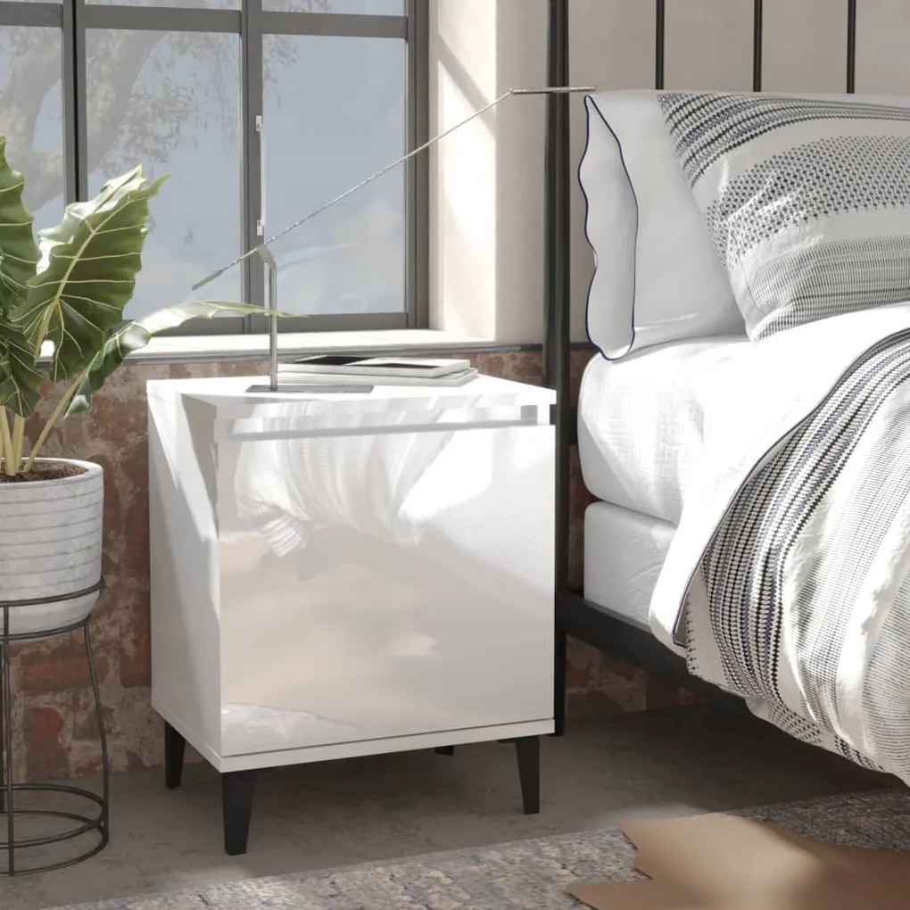 vidaXL Mesa de cabeceira pernas em metal 40x30x50 cm branco brilhante