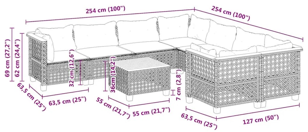 9 pcs conjunto de sofás p/ jardim com almofadões vime PE bege