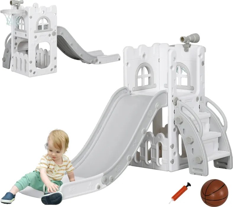 Escorrega Infantil 5 em 1 para Crianças com Cesto de Basquetebol Telescópio Escalador e Cesta Inferior 70x177x92 cm Branco e Cinza