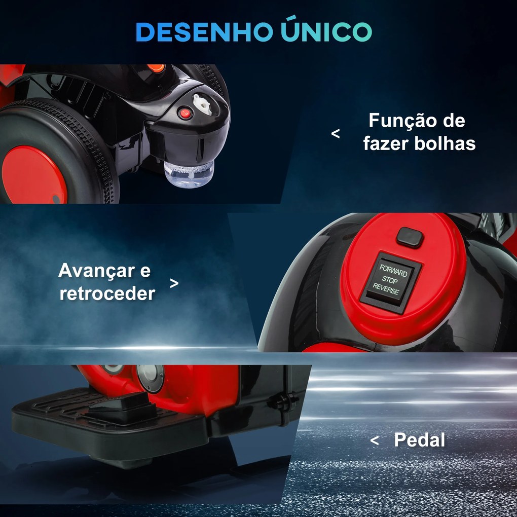 Mota Elétrica para Crianças Mota a Bateria 6V com Função de Bolhas Farol Música Motocicleta para Crianças com Velocidade 3km/h Carga 30 kg Vermelho