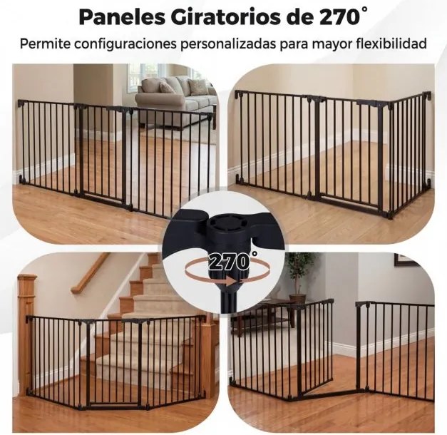 Barreira de segurança para crianças ou animais com 3 painéis metálicos 74,5-198 x 74,5 cm, bloqueio duplo e abertura bidirecional, preta
