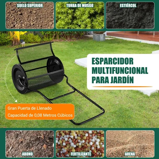 Rolo de Jardim de composto de 60,5 cm com pega em forma de U, fechos laterais e rolo de sementeira de malha metálica resistente Preto