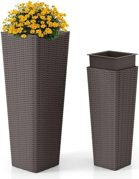 Conjunto de 2 vasos jardim em rattan, 2 peças, vasos grandes para exterior com orifícios de drenagem removíveis, Café