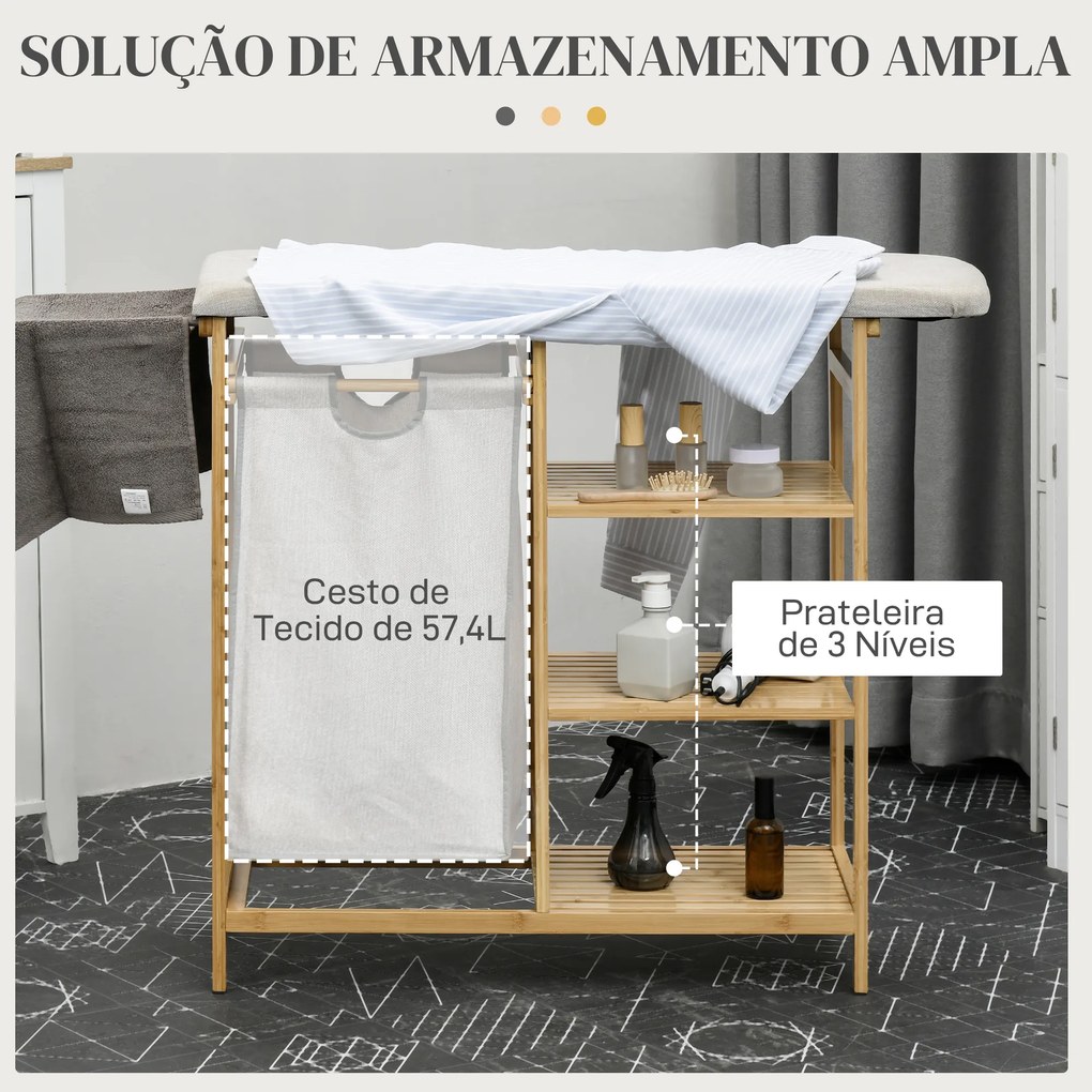 Cesto de Roupa Suja 57,4 L com Tábua de Passar Suporte para Ferro 3 Prateleiras e Bolsa Removível 113x34x82 cm Madeira e Cinza