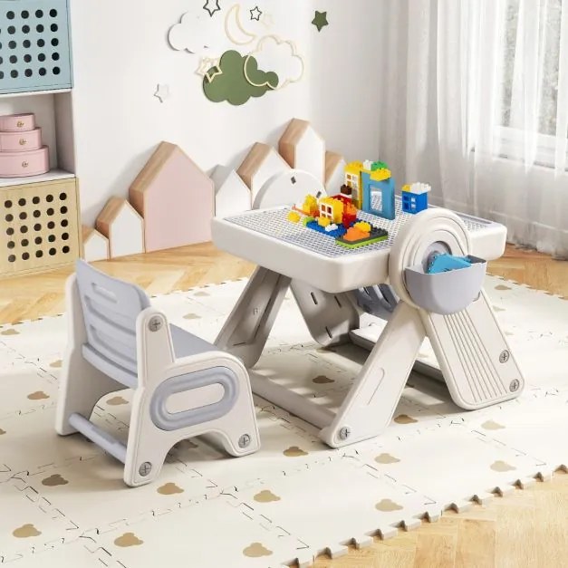 Conjunto de mesa e cadeira para crianças 6 em 1 Multi-atividade Cavalete dobrável para crianças com superfície reversível e ranhura Cinzento