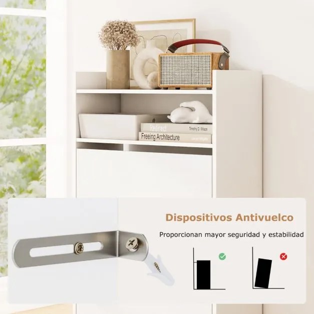 Sapateira 60 x 24 x 102 cm com 2 gavetas rebatíveis e espaço de arrumação aberto para corredor ou sala de estar Branco