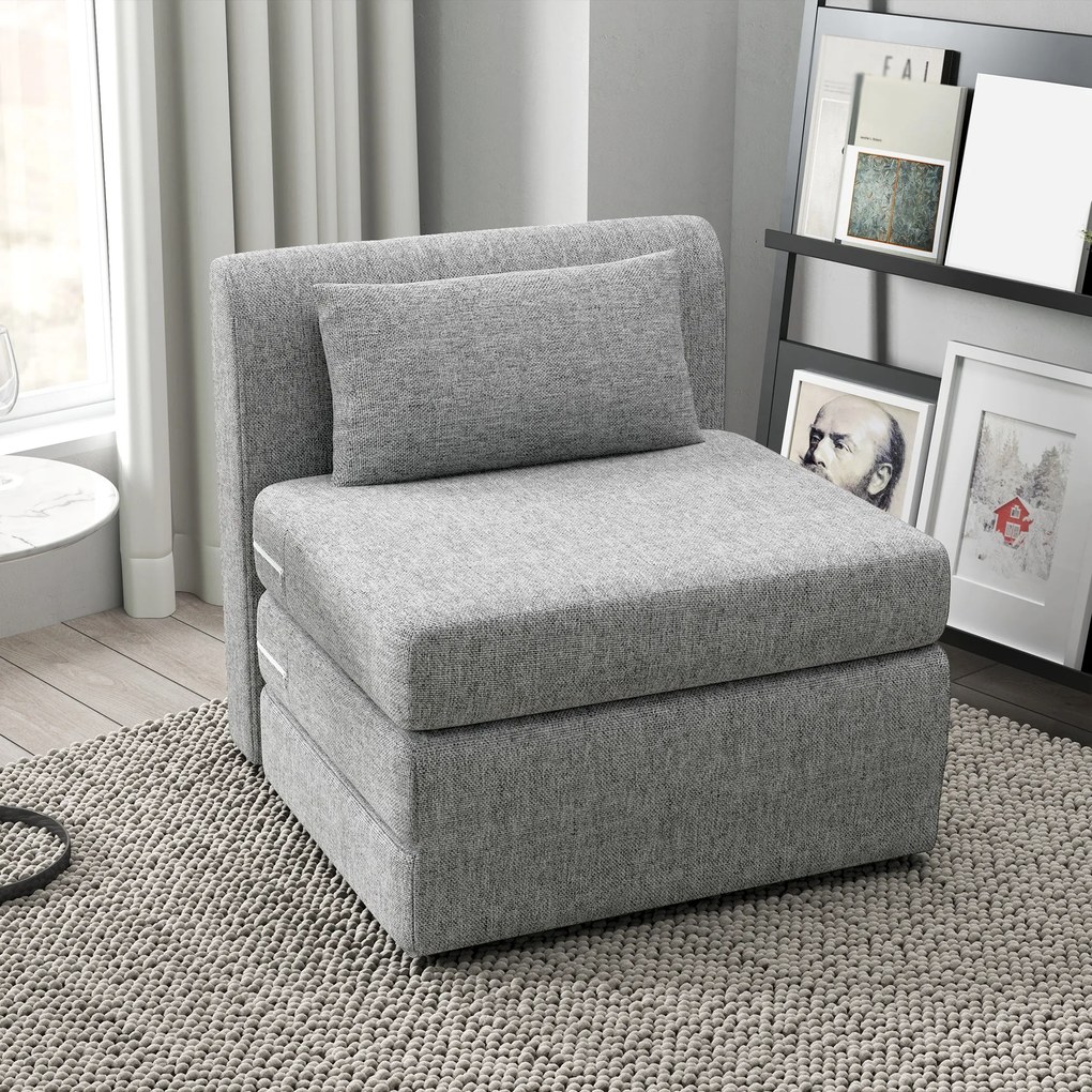 Sofá chão dobrável 3 em 1 com almofada 80L x 75P x 74A cm, convertível, colchão dobrável para hóspedes, sala de estar, escritório, cinzento