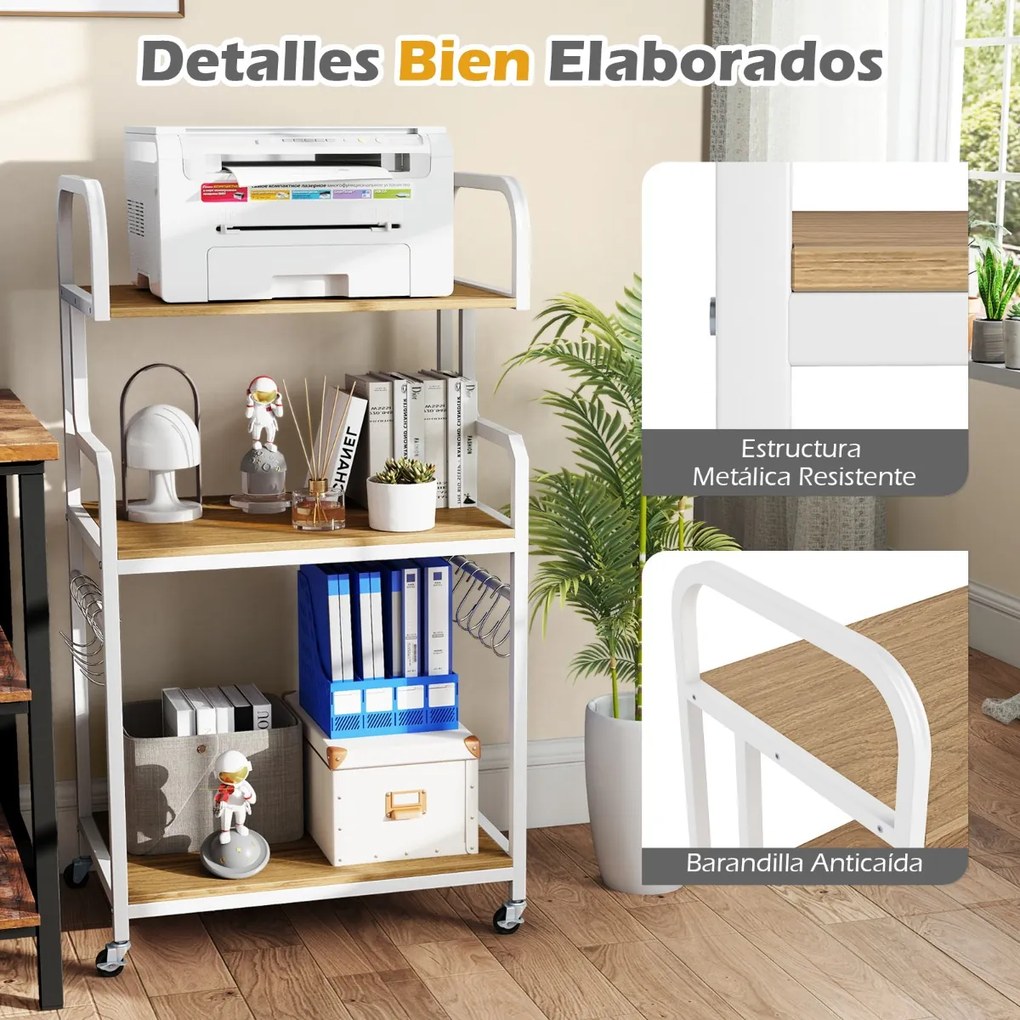 Suporte para impressora portátil 60 x 40 x 110 cm de 3 níveis com rodas, 10 ganchos em S, estrutura metálica Natural + Branco