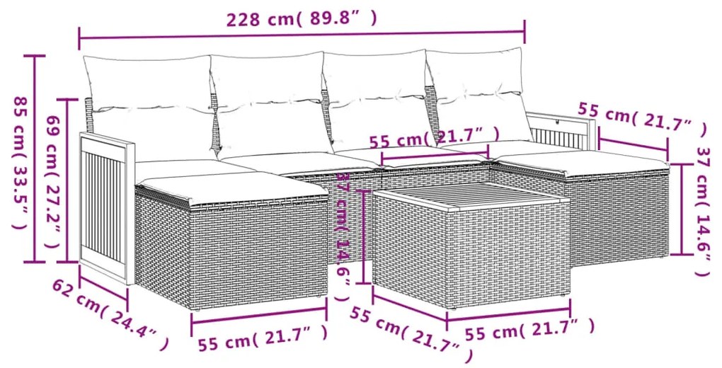 7 pcs conjunto de sofás p/ jardim c/ almofadões vime PE preto