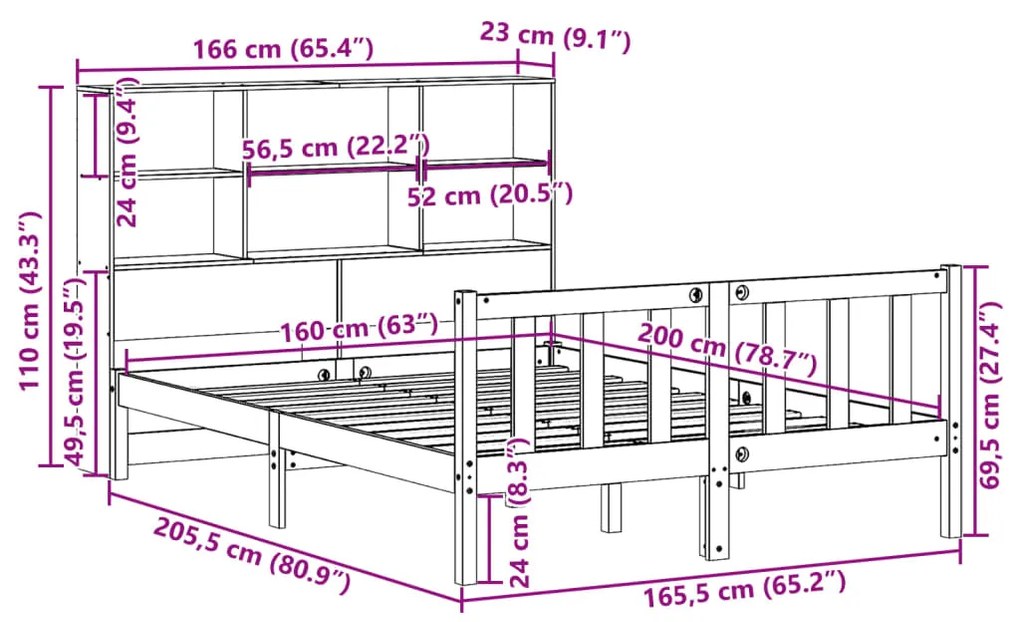 Cama com estante sem colchão 160x200 cm pinho maciço