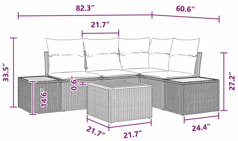 Conjunto de Sofá de Jardim de 5 Peças com Almofadas Preto Rattan Sinté