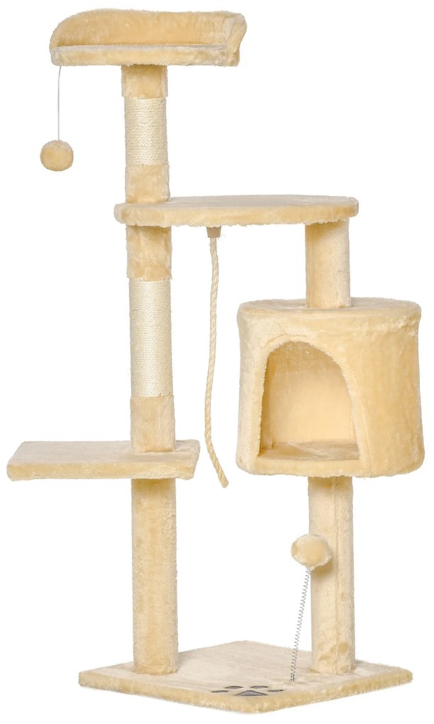 PawHut Árvore de gato com plataformas Cabines Bolas de jogo bege 40x40x114cm