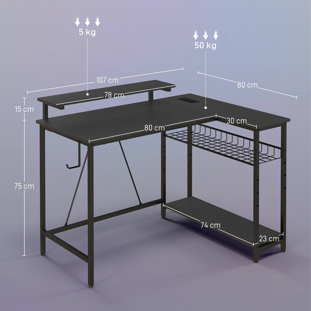 Secretária de canto reversível, secretária para computador com LED, 2 tomadas e 2 portas USB e cesto ajustável, 107 x 80 x 90 cm, preto