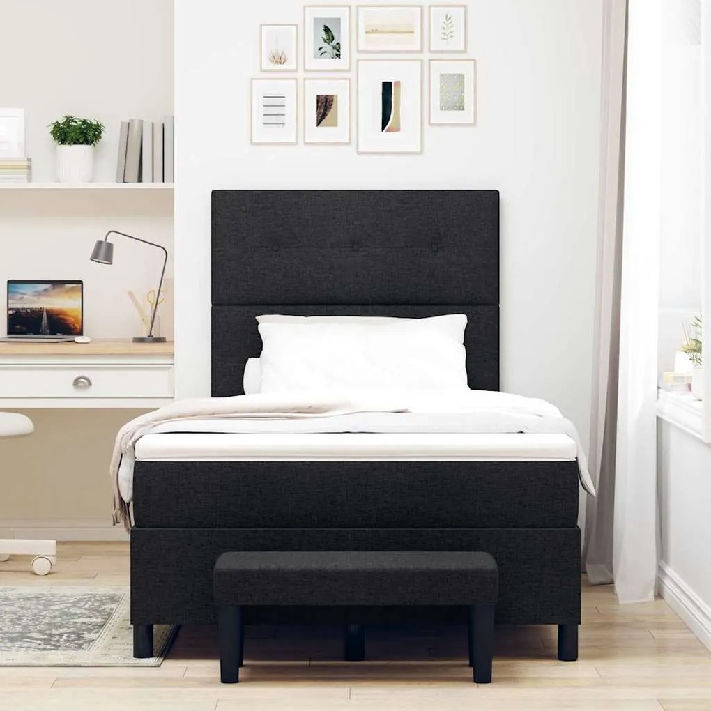 Cama Box Spring com Colchão e Banco Preto 120x200 cm Tecido