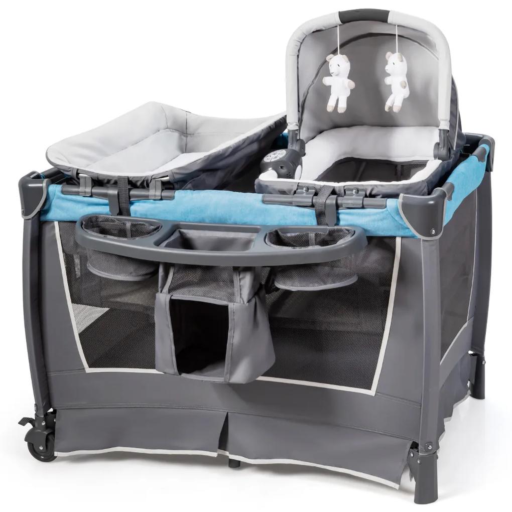 Cama bebé 4 em 1 com berço e mesa muda-fraldas 2 níveis Centro de Actividades Dobrável com Rodas para Bebés Azul
