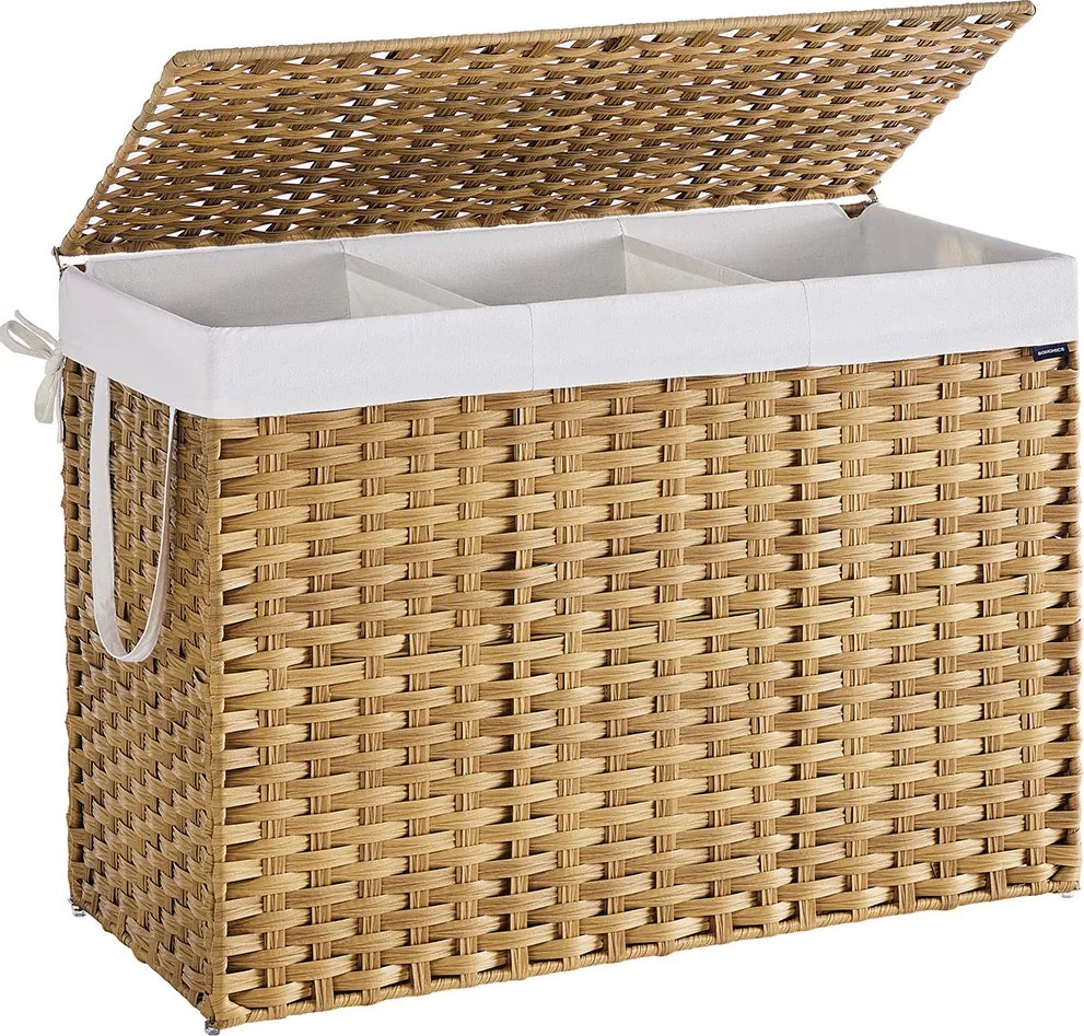 Cesto da roupa suja 86 x 40 x 61 cm em Rattan sintético com 3 compartimentos, cor natural