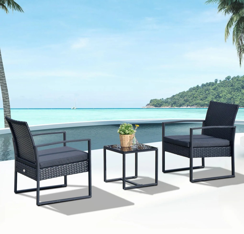 Outsunny Conjunto de Móveis de Jardim de Vime 3 Peças com 1 Mesa 42,5x40x39 cm 2 Poltronas 63x57x76 cm Almofada Acolchoada para Pátio Varanda Preto