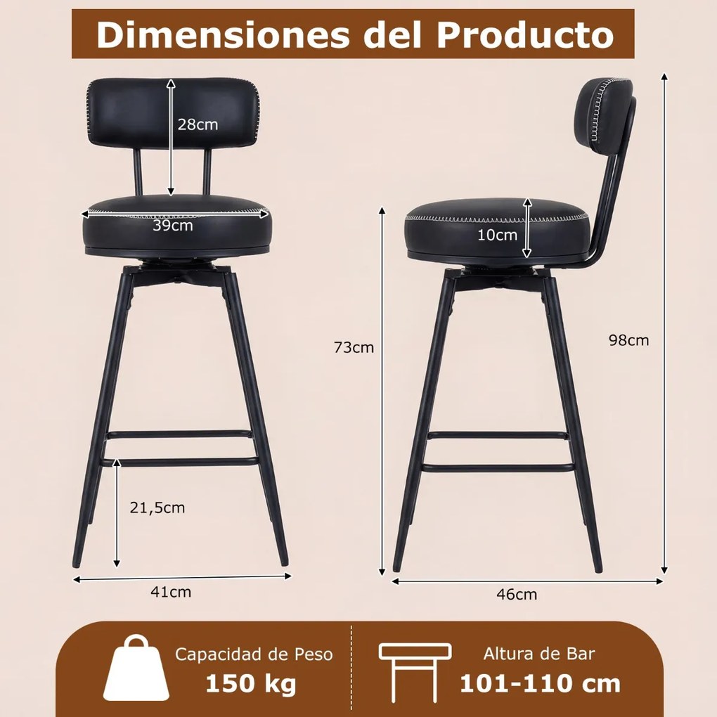 Conjunto de 2 Bancos de bar giratórios modernos 46 x 41 x 98 cm, encosto almofadado, apoio para os pés, pernas metálicas, couro sintético com costuras