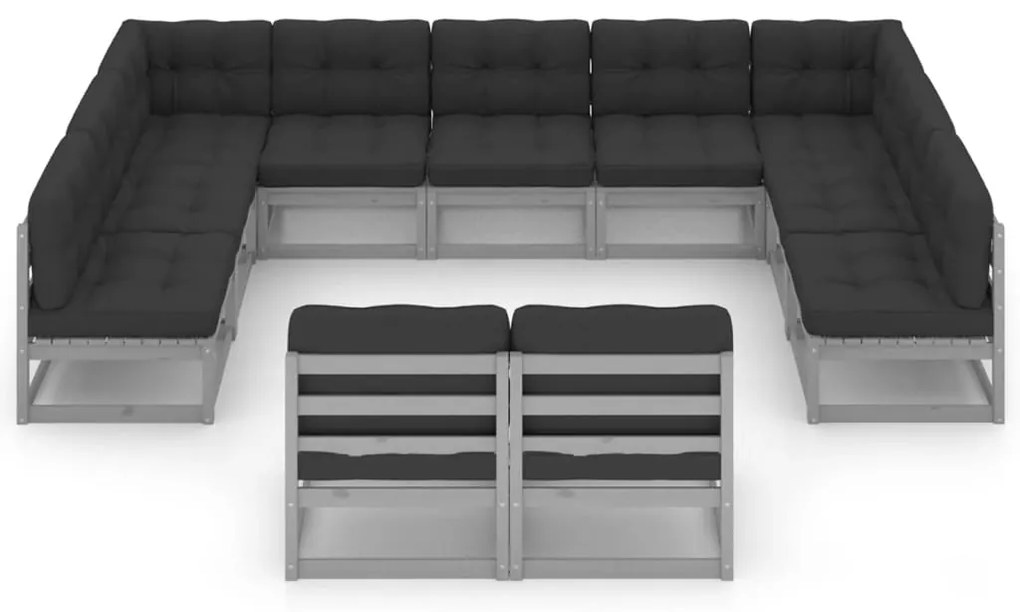 11 pcs conj. lounge jardim c/ almofadões pinho maciço cinzento