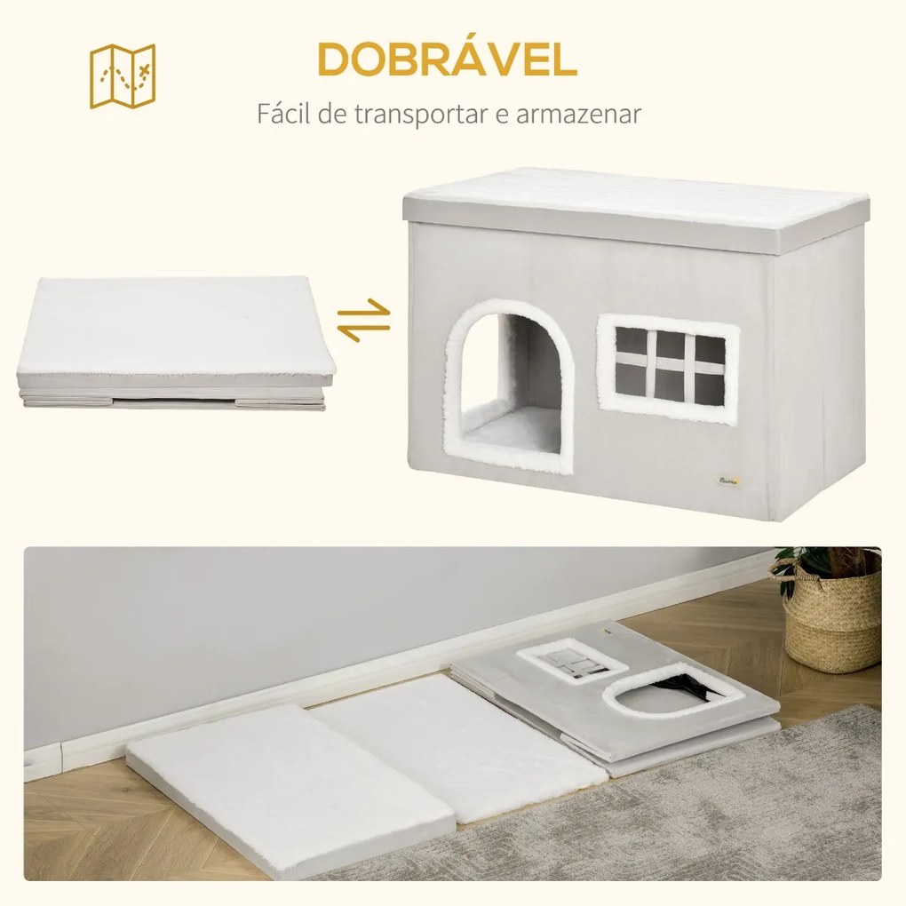 Casa Dobrável para Gatos Caverna para Gatos com Almofadas de Pelúcia Suave Tampa Removível 2 Entradas e Janela 71x42x49cm Cinza Claro